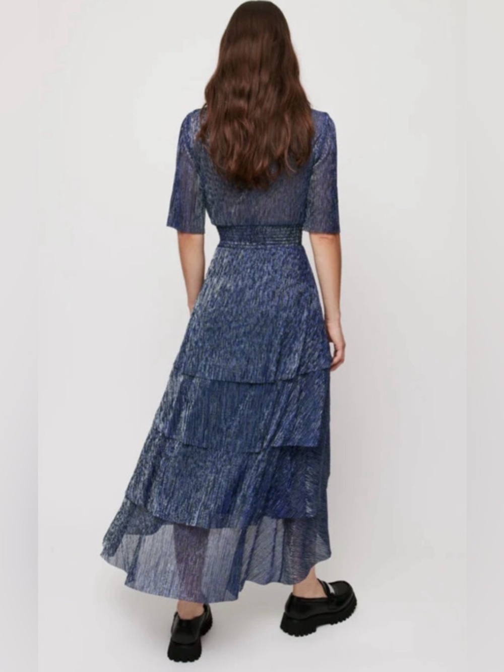 Maje Navy Metallic V-Neck Tiered High-Low Dress - Picture 2 of 6